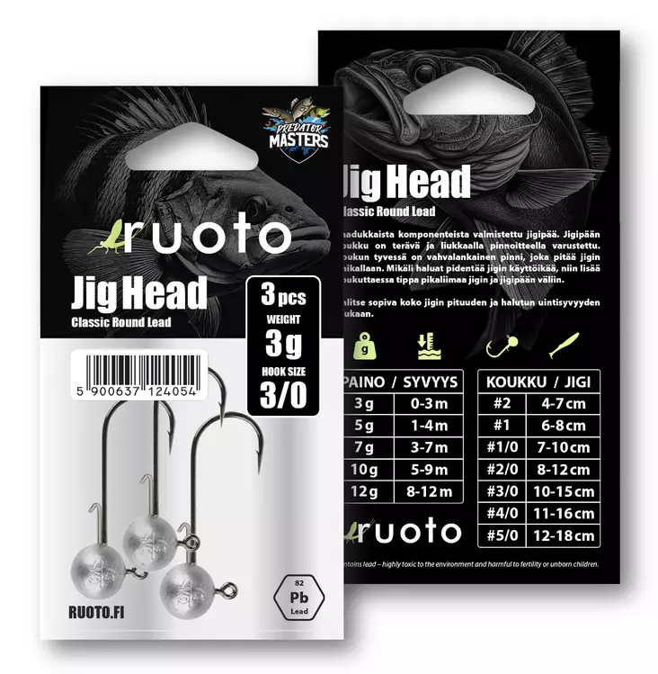 Ruoto PredatorMasters Jig Head 3g - "Classic Round Lead" - Jiggskallar - 6438407013189 - 2